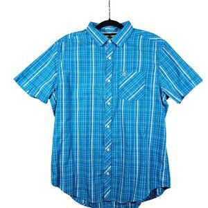 Original Penguin Men's Large Classic Fit Blue Plaid Short Sleeve Button-Up Shirt